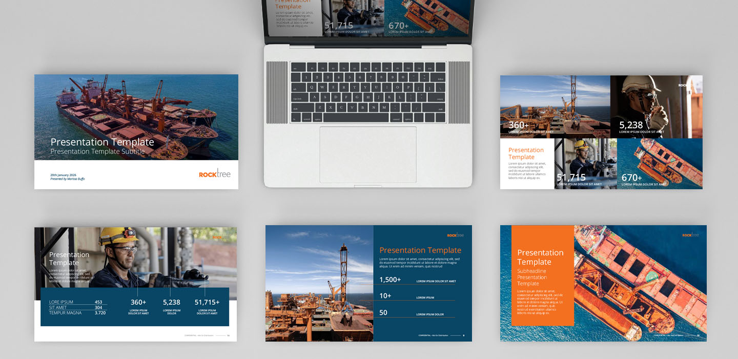 gum_01 copia - SDWWG Six industrial-themed presentation templates arranged around a laptop, showcasing ships, cranes, and construction imagery for a corporate deck. gum_01 copia SDWWG